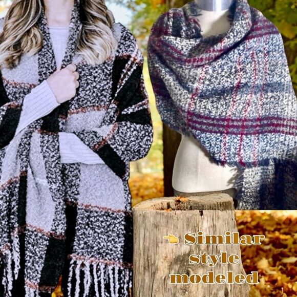 Boho Chunky Plaid Oversized Knit Scarf with Fringe | Cozy Winter Wrap 6’x3’ - Picture 6 of 16